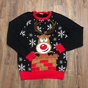 Festive Black Reindeer Sweater with Red Accents